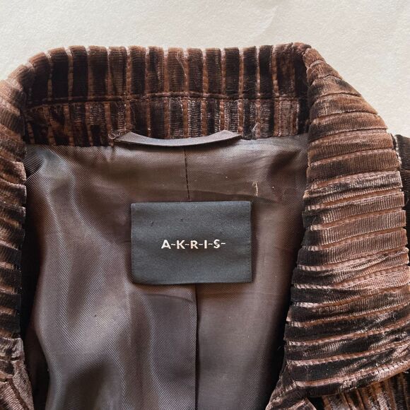 Akris Women's Brown Crushed Velvet Ribbed Pinstripe Single Breasted Blazer Sz 14 - Picture 7 of 14